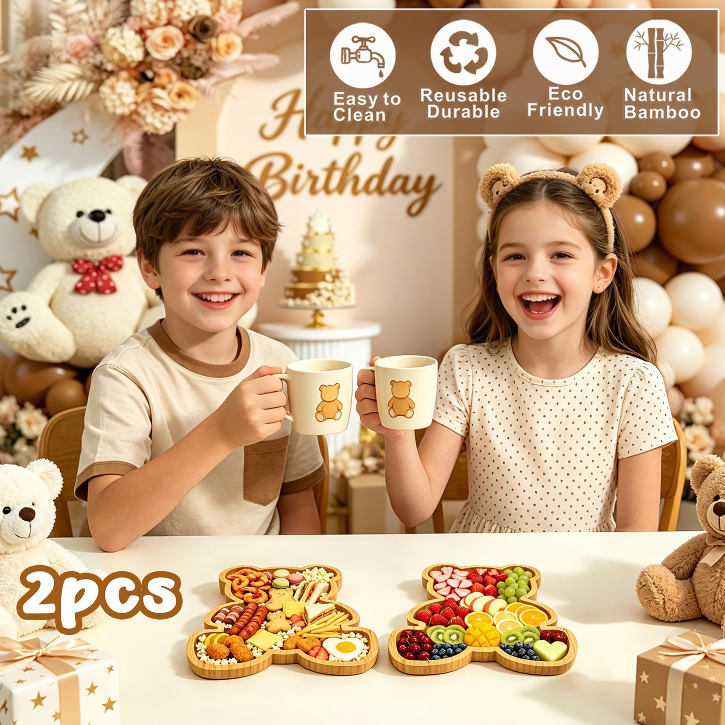 2pc Charcuterie Boards Platters Bear Baby Shower Food Trays Wooden Bear Party Decorations Gender Reveal Food Display Snack Tray Kids Birthday Party Plates Fillable Serving Board for Fruit Cheese