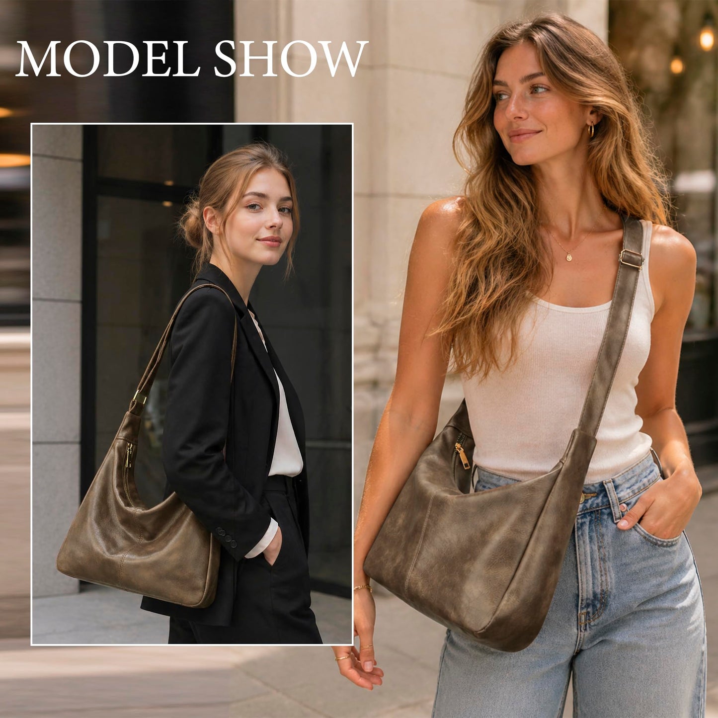 KKXIU Slouchy Hobo Bags for Women - Ultra Soft Foldable Shoulder Handbag Vegan Leather Tote Purse with Reinforced Zipper (Apricot)