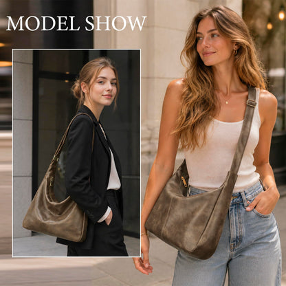 KKXIU Slouchy Hobo Bags for Women - Ultra Soft Foldable Shoulder Handbag Vegan Leather Tote Purse with Reinforced Zipper (Apricot)