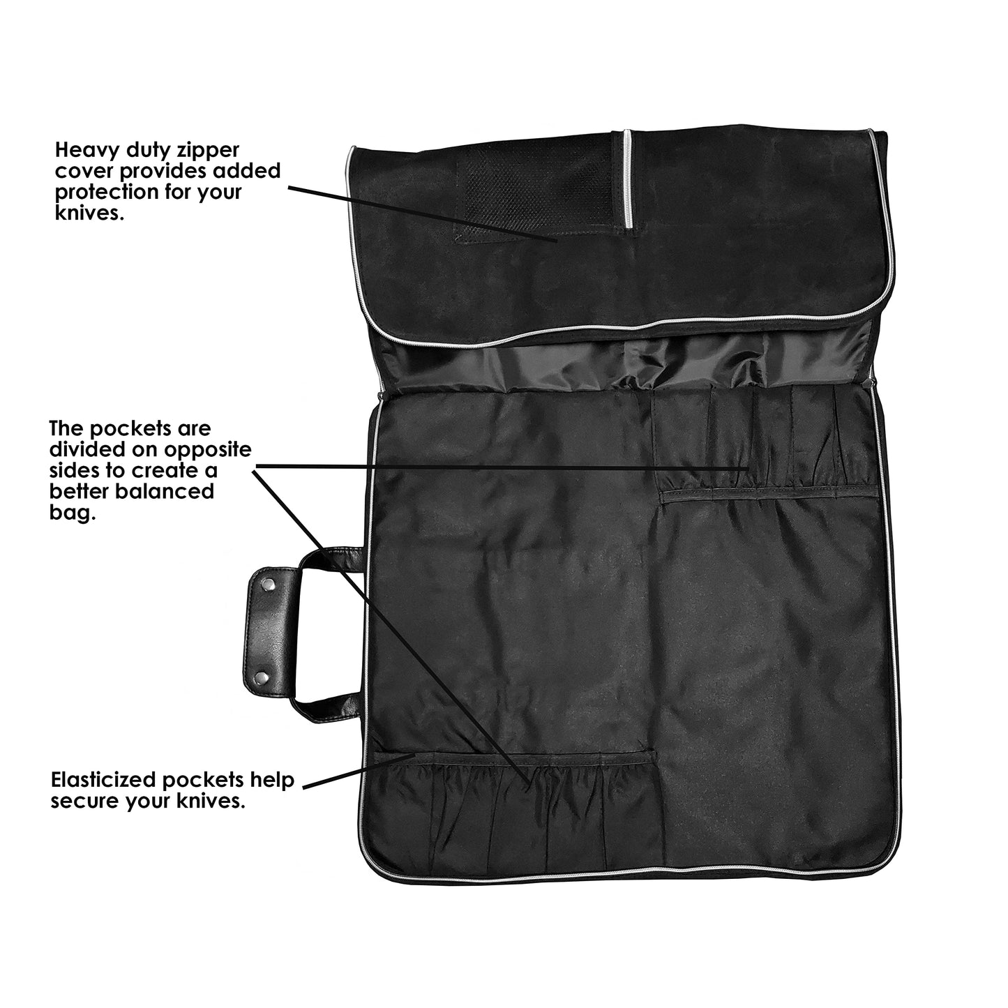 Ergo Chef Heavy Duty Waxed Canvas 10 Pocket Chef Knife Roll Bag Knife Case with Mesh Tool Pocket (Black) Durable Knife Case with Handle, Removable Shoulder Strap & Large Zippered Mesh Pocket