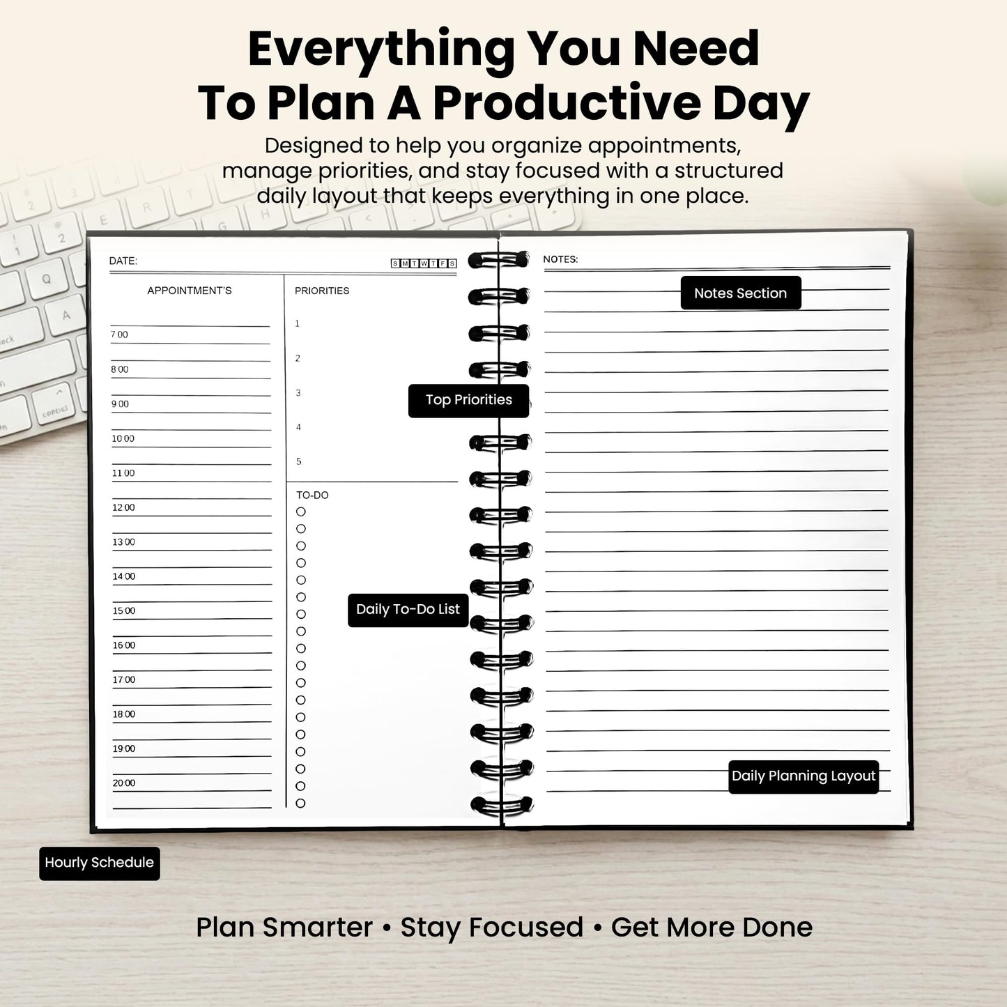 Undated Daily Planner Notebook With Hourly Schedule - Hardcover Appointment Day to do List Notebook for Women & Men - A5(5.7" x 8.3") Spiral Black