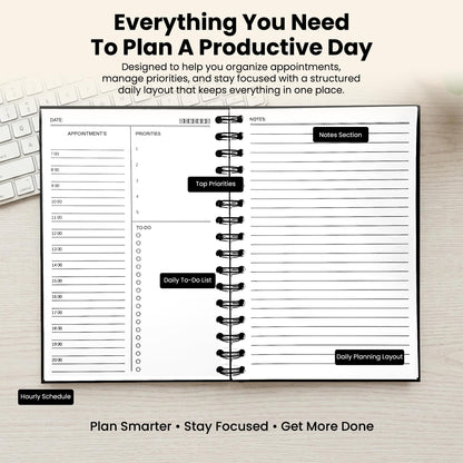 Undated Daily Planner Notebook With Hourly Schedule - Hardcover Appointment Day to do List Notebook for Women & Men - A5(5.7" x 8.3") Spiral Black