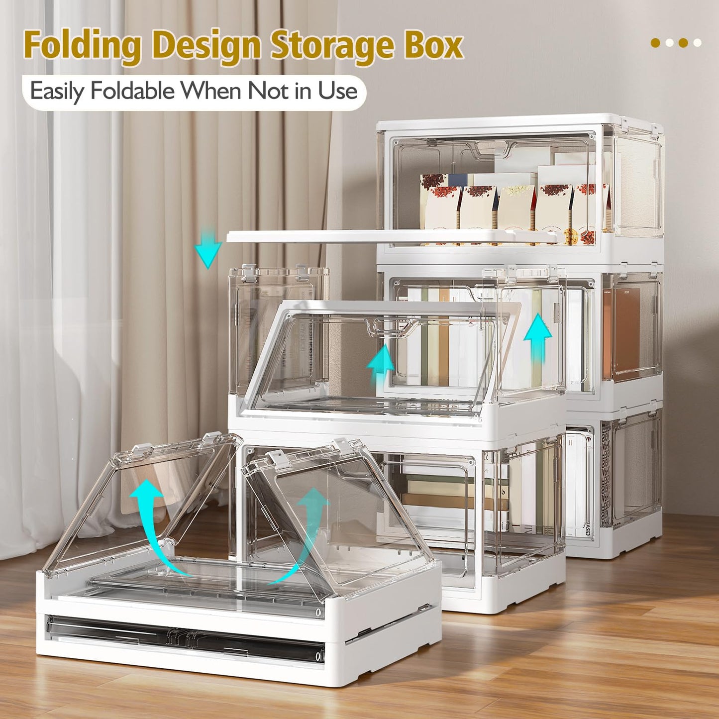 Kmiectse Clear Storage Bin with Lid 3 Pack 【Stackable & Sturdy】 Plastic Multifunctional Folding Storage Bins for Bedroom, Living Room, Study,Room, 23 QT Folding Box with Magnetic Door