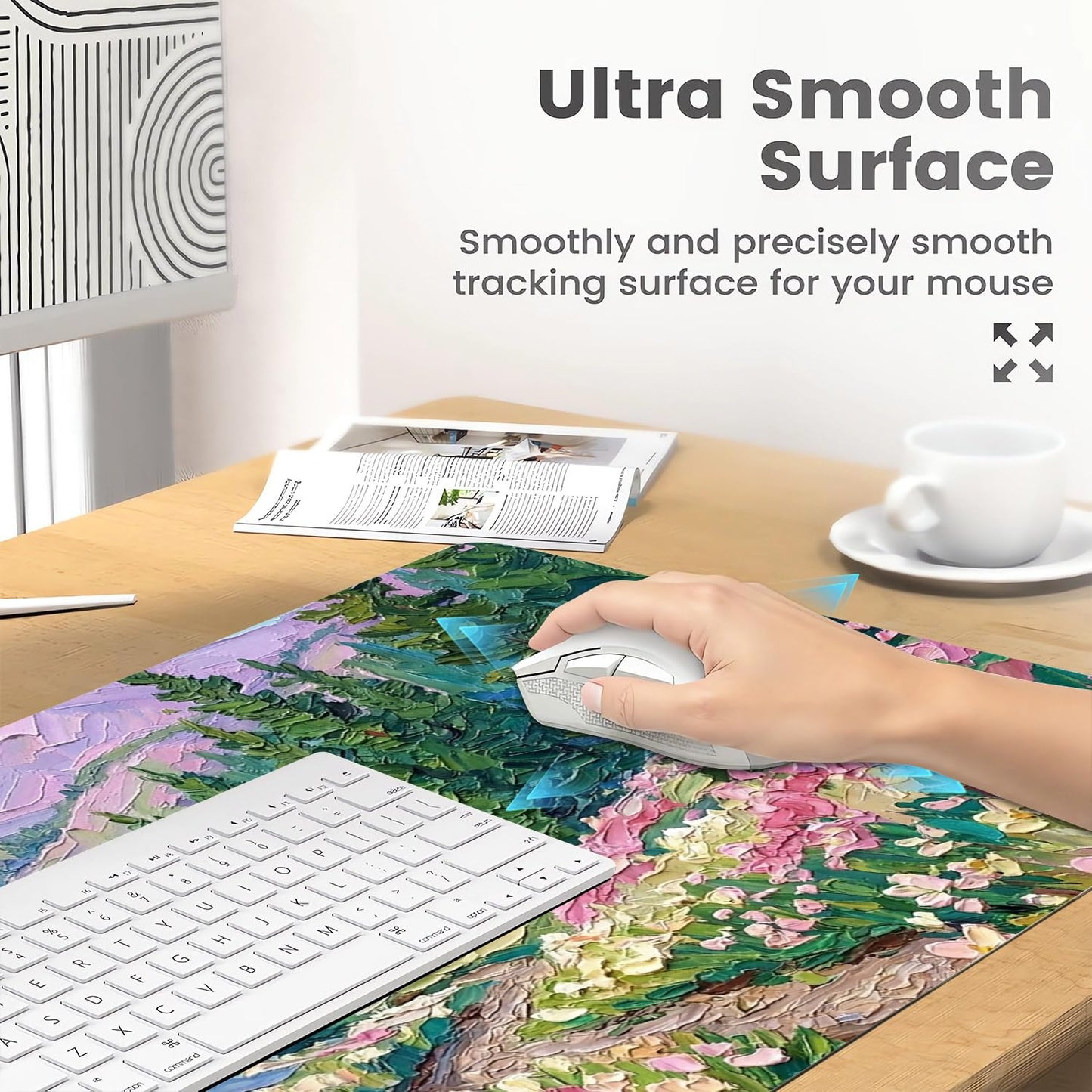 CozyNestCY Oil Painting of Flowers Office Desk Mat 27.6'‘ x 13.8’' Desktop Mat PU Leather Large Mouse Pad Green Mousepad Non-Slip Table Mat for Girls, Women, Home, Work, Computer, and Gaming