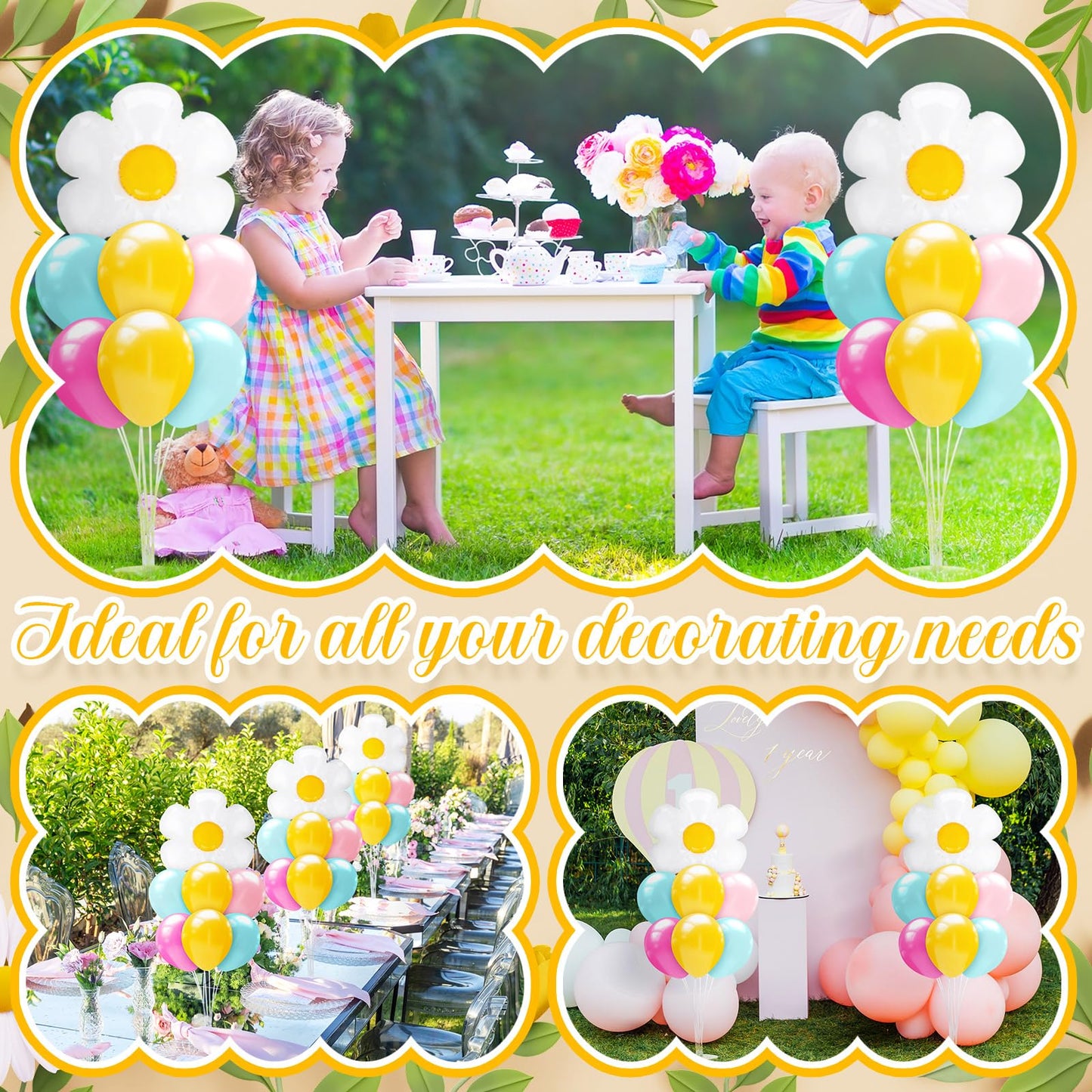 Seematn 2 Set Daisy Balloon Stand Kits Pastel Pink Green Yellow Balloons Sticks Holder with Base, Groovy Birthday Party Table Centerpiece Kit for Boho Baby Shower Flower Party Decorations