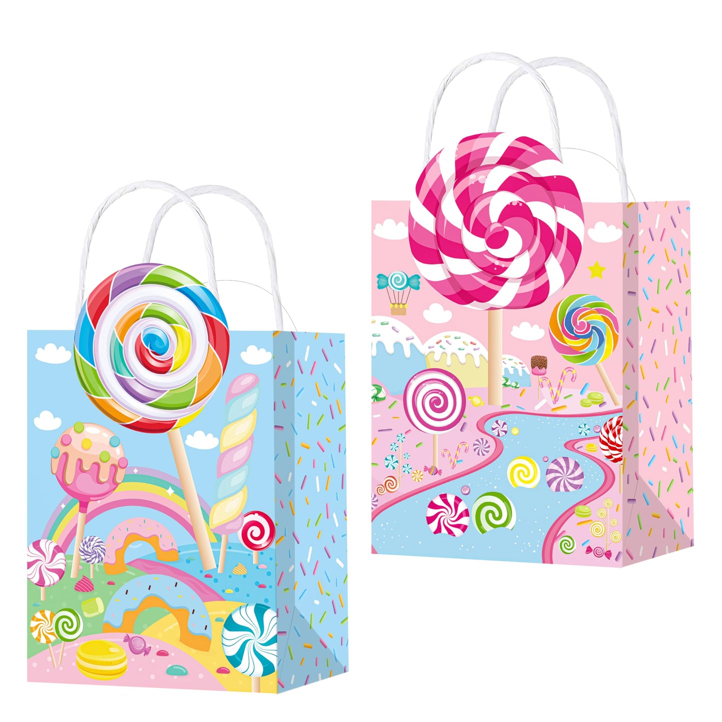 C L cooper life 12pcs Candyland Party Gift Treat Bags with Handles - Lollipop Themed Party Goodie Bags - Candyland Birthday Party Supplies