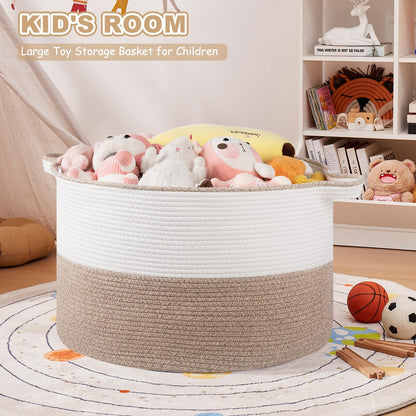 OIASKET XXL Large Blanket Basket with Handles, 105L Woven Storage Basket for Living Room, Cotton Rope Baby Toy Storage for Clothes, Pillows, Towels-Brown & White