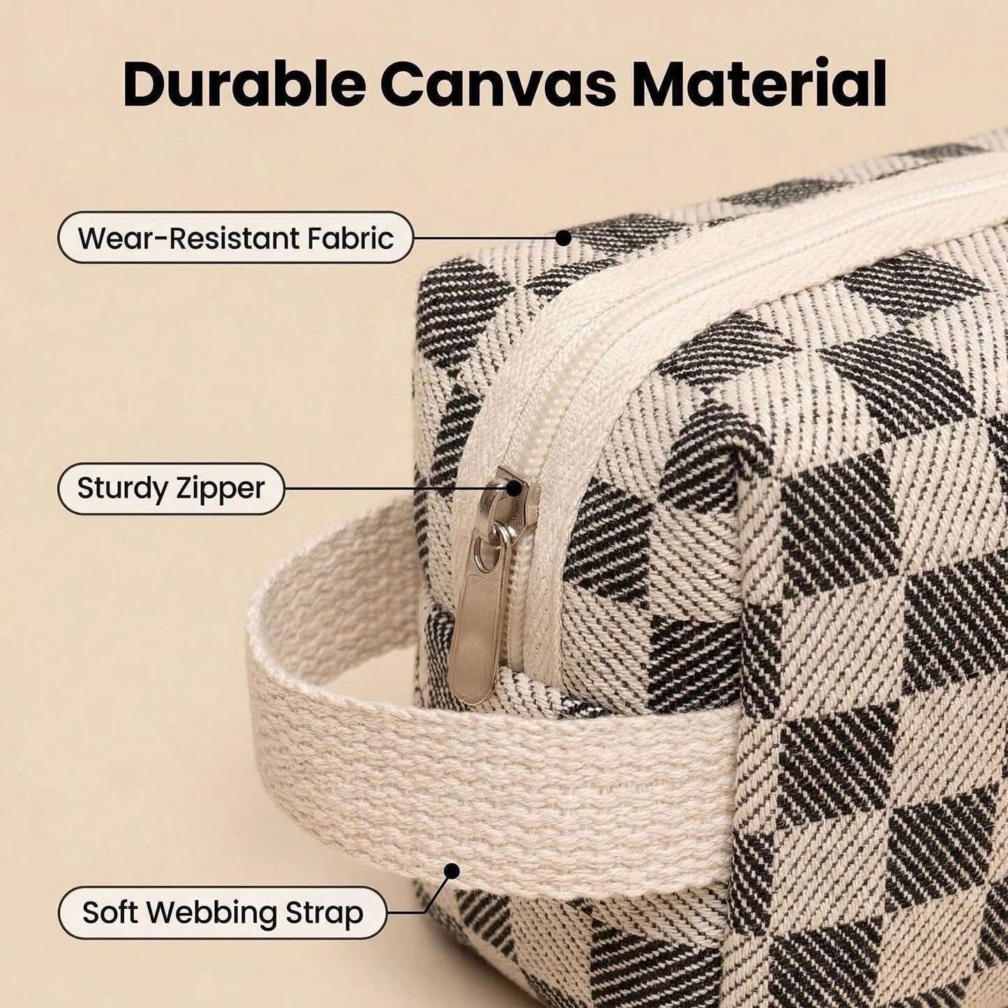 Beayuva 3 Pcs Canvas Makeup Bag Set Checkered Cosmetic Pouch for Women Travel Toiletry Bag Cute Makeup Organizer Purse Pouch Preppy Pencil Case with Zipper (Checkered Black)