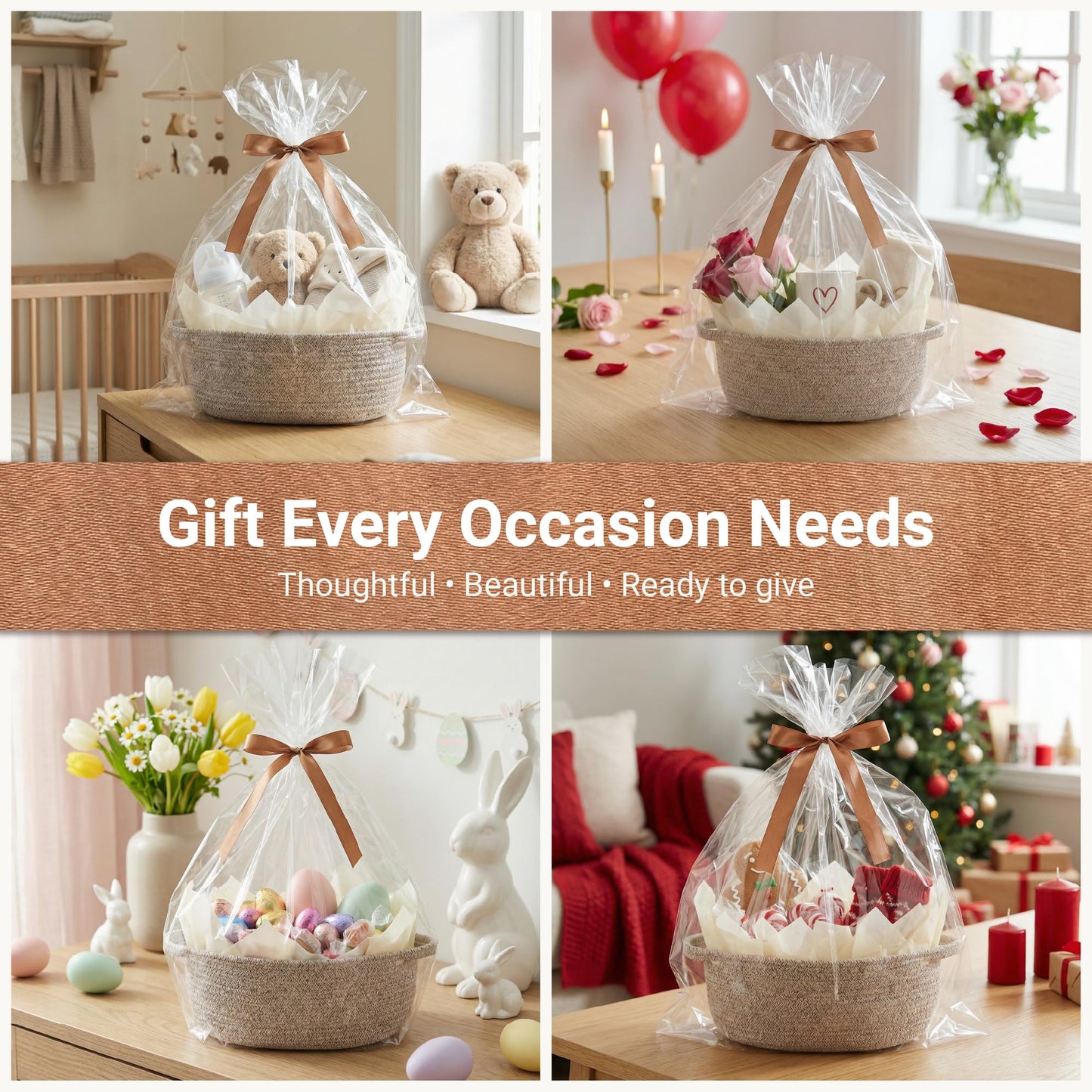 VIRETH HAUS 4 Pack Small Woven Baskets with Gift Bags, Ribbons, Wrap Tissue Papers – Gift Baskets Empty to Fill for Valentines, Baby Shower, Easter, Christmas Day, Decorative Storage Bins for Toys
