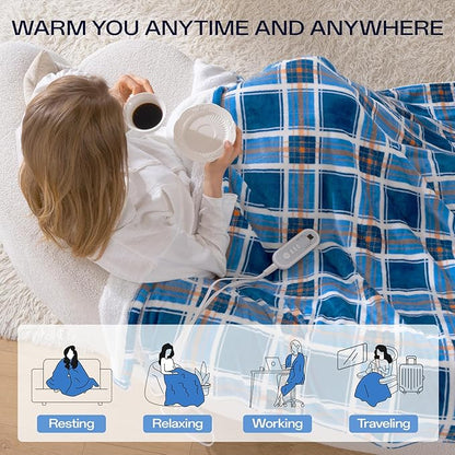 Heated Blanket Electric Throw, Heating Throw with 8 Hours Auto Off & 8 Fast Heating Levels, Blue White Plaid Checkered Sherpa Blanket Warmer for Adults, Washable Blanket Gift for Couch Bed (50x60 In)