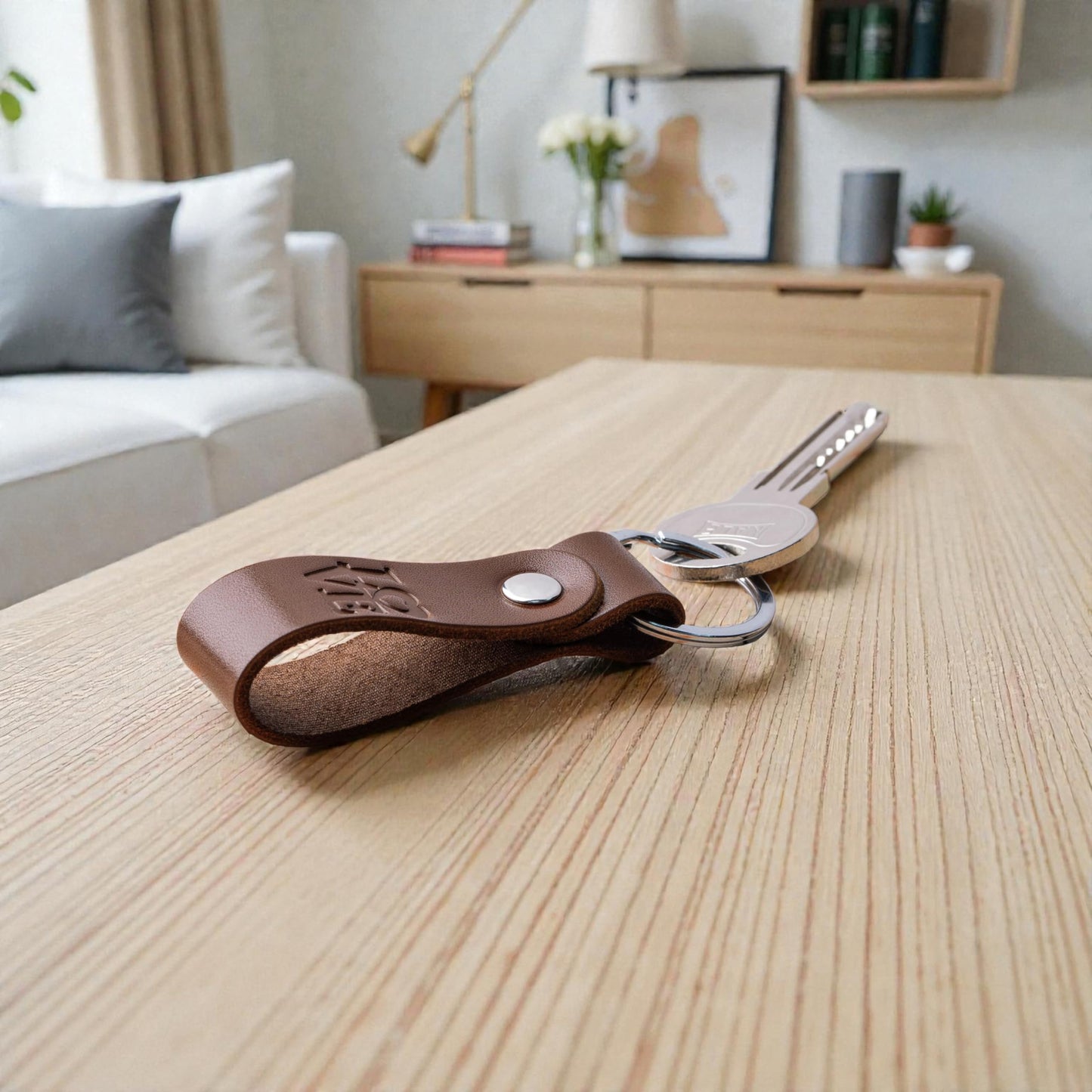 MAGOR Handmade Full Grain Leather Keychain Personalised Keychain for Men Women Car Key Ring Gift for Him Her Dad Mom Premium Brown Leather Keyring Hot Embossed Design (House)