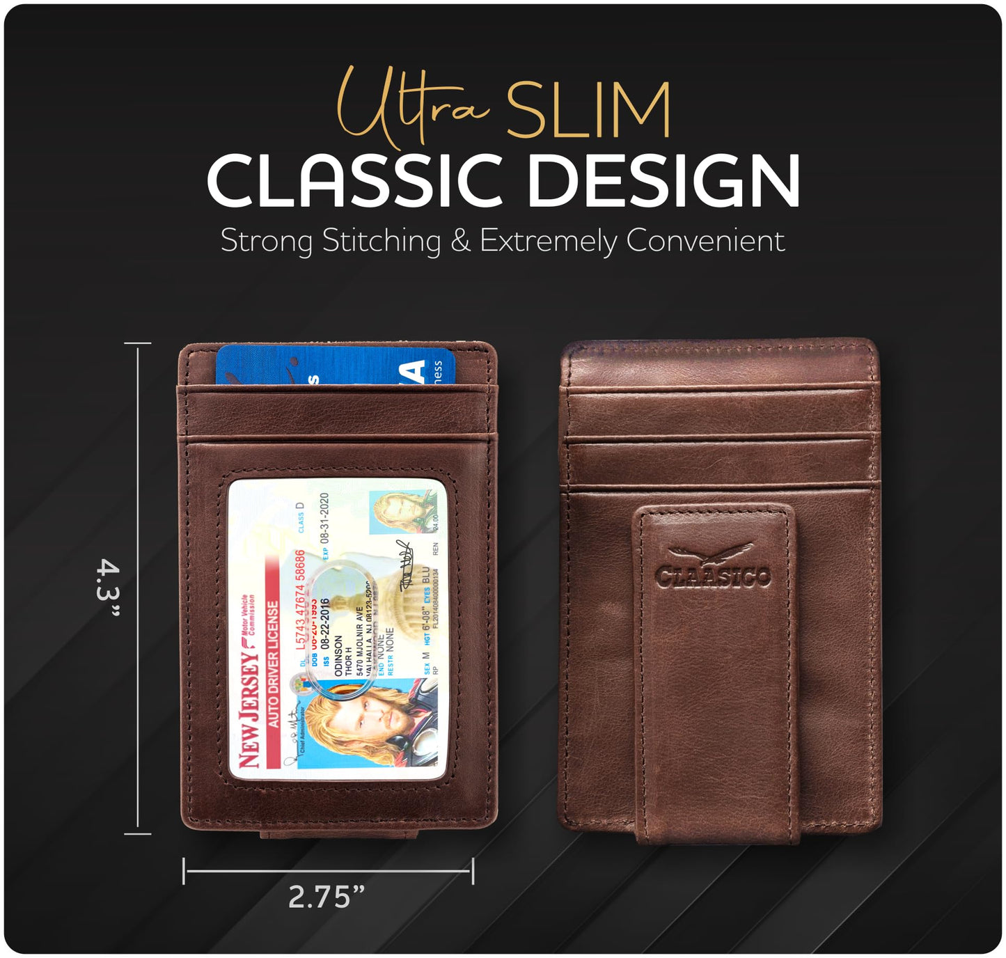 Claasico Money Clip Leather Wallet For Men Slim Front Pocket RFID Blocking with Super Strong Magnetic