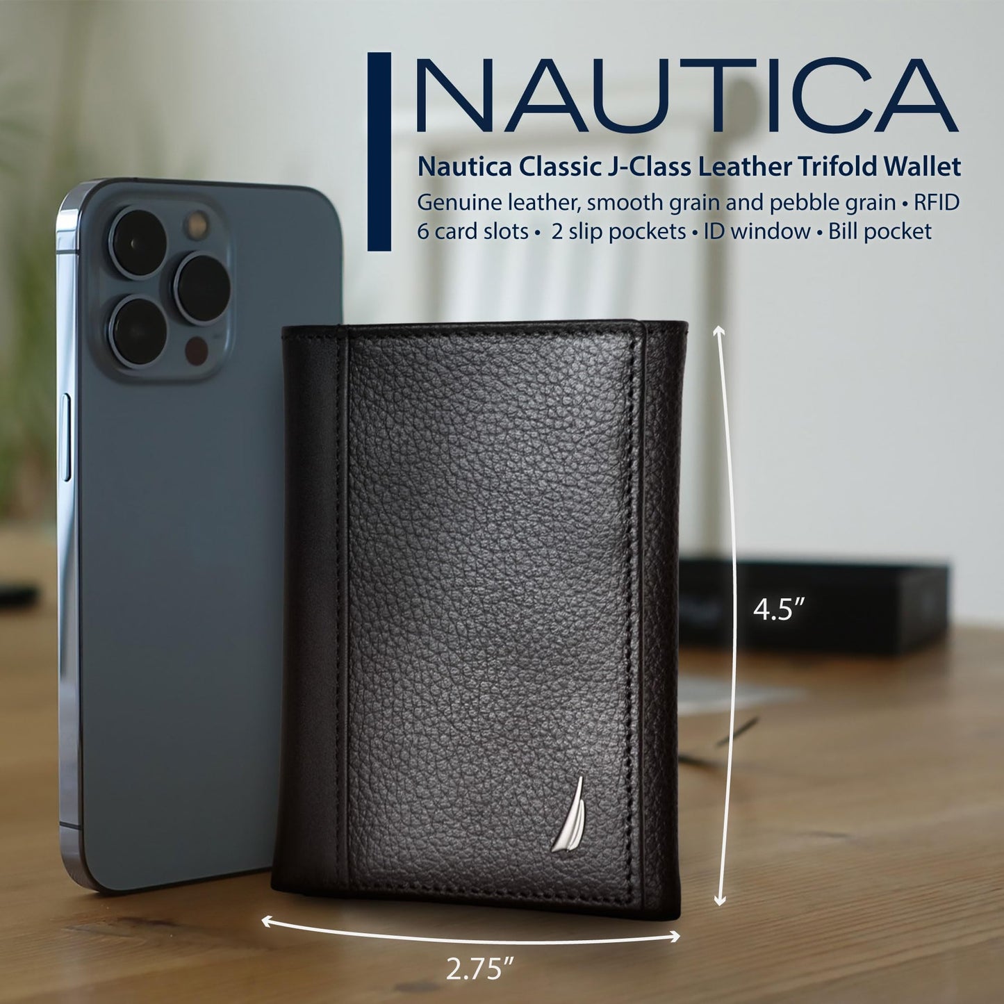 Nautica Mens Classic Trifold Wallet | RFID Blocking Protection | ID Window | 6 Card Slots | 2 Slip Pockets | Genuine Leather | Organization | Durable | Stylish - Brown