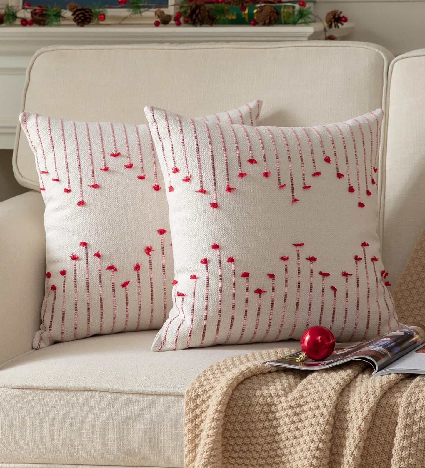 Caflife Boho Christmas Throw Pillow Covers 18x18 Set of 2, Christmas Decorations Pillow Covers Beige with Red Line for Modern Farmhouse Couch Sofa Bedroom Living Room Outdoor