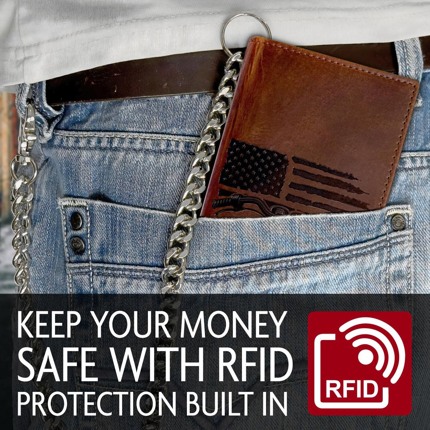 Father's Day Wallet - Tall Wallet w. Chain for Men, Patriotic Biker – Distressed Brown Leather, RFID Blocking, 10 Card Slots with ID Holder, Embossed Motorcycle & American Flag Design, 100% Leather.