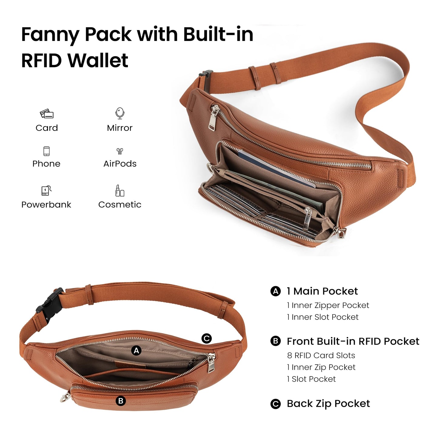 befen Real Leather Anti Theft Fanny Pack Waist Bag for Women, Womens Leather Crossbody Bags Belt Bag Purse with Built in RFID Wallet Cognac Brown