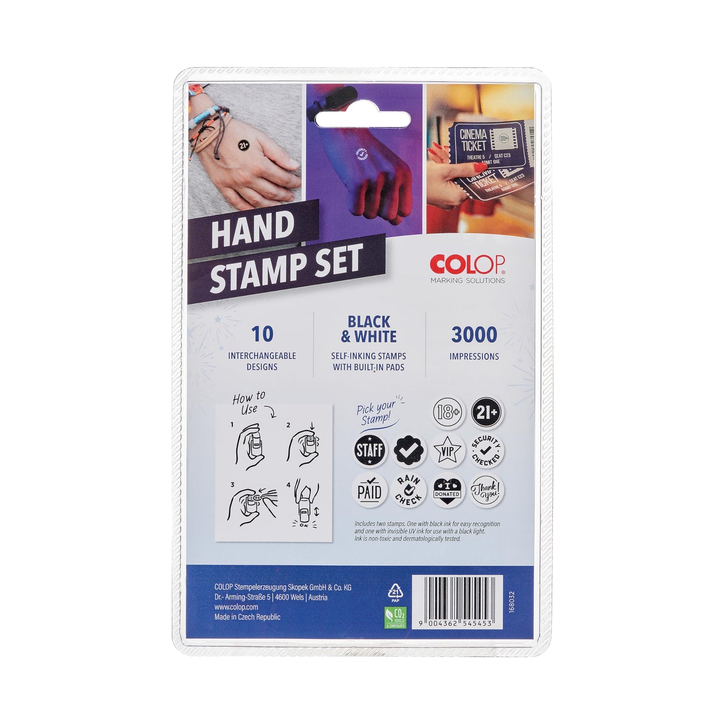 COLOP Printer R17 Event Hand Stamp Set with UV Ink, Special Event Supplies, Multiple Designs, Self-Inking, 10 Designs, 2 Stamps, Perfect for Festivals, Concerts, Bars