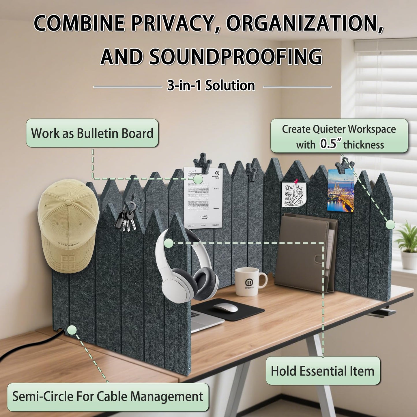 BXI Foldable Felt Desk Divider, 16.5 x 86 Inches Non-Tip Privacy Panel Partition, Versatile Cubicle Shield with Clips for Hanging Notes & Items, Acoustic Table Screen for Office Home Classroom