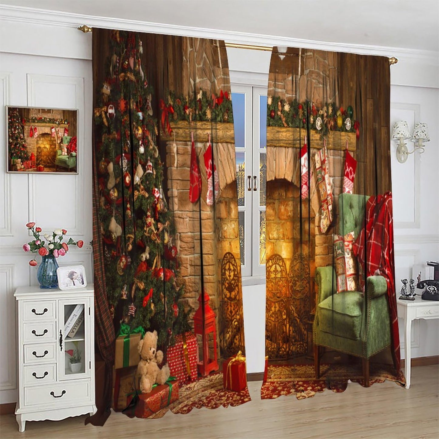 FengMingRui Christmas Window Curtain for Bedroom Fireplace Printed Window Treatment Winter Holiday Christmas Decor Window Drapes 52" W X 84" L