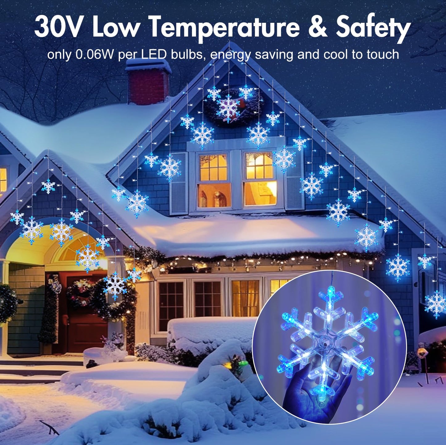 Minetom Christmas Snowflake Lights - 13ft 192LED Snowflake Icicle Lights with 16 Drops, 12 Modes and Timer, IP65 Waterproof Connectable Christmas Light for House Eave Window Indoor Outdoor Decoration
