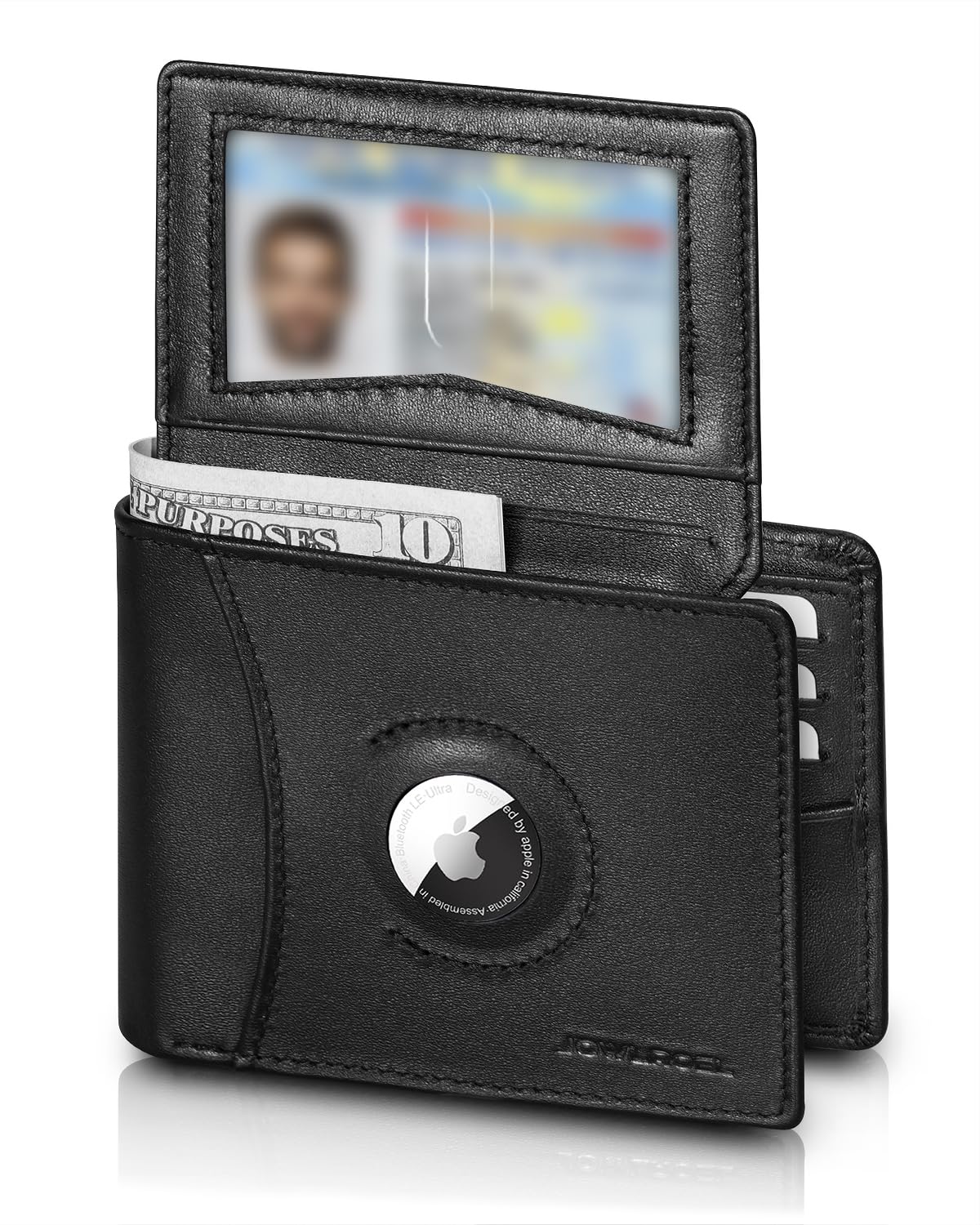 Jowlroel AirTag Wallet for Men - RFID Blocking, 2 ID Window, 12 Card Holders, 2 Bill Dividers, Top Grain Leather Bifold Wallet with AirTag Holder - Stylish Gift Box