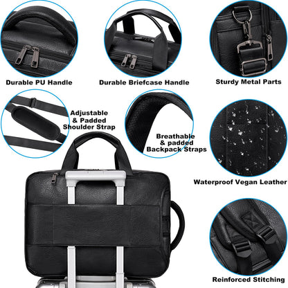 weiatas 3-in-1 Vegan Leather Convertible Laptop Bag for Men Women, 15.6 Inch Waterproof Expandable Backpack, Computer Briefcase, Shoulder Messenger Bag & Weekend Bag for Business Travel Work (Black)