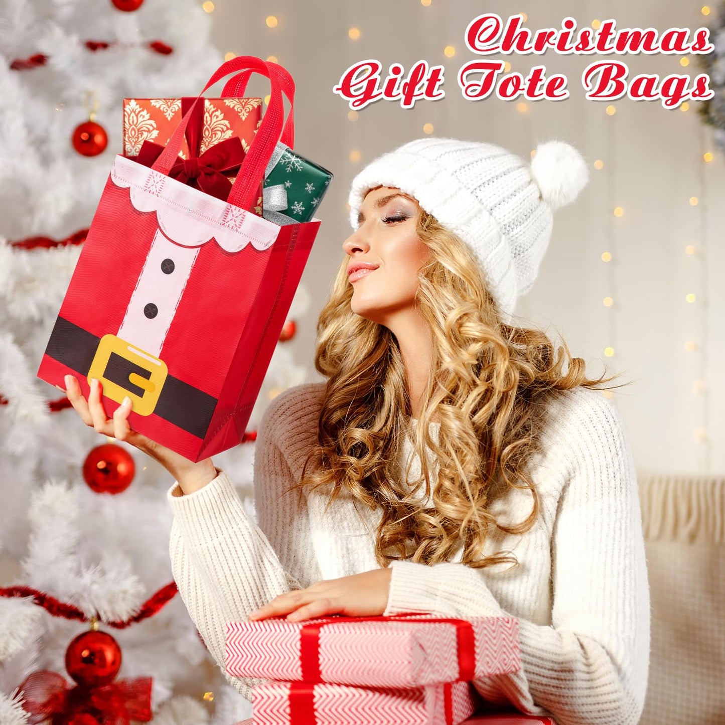 Threlaco 30 Pcs Christmas Gift Bags Bulk Reusable Non Woven Santa Claus Goodie Treat Bags with Handles for Xmas Holiday Party Favors Gifts Wrapping, 10 x 8 x 4 Inch