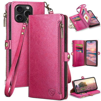XcaseBar Compatible with iPhone 16 Pro 6.3" Wallet case with Zipper Credit Card Holder【RFID Blocking】,Flip Folio Book PU Leather Phone case Shockproof Cover Men Women for Apple 16 Pro case Rose Red