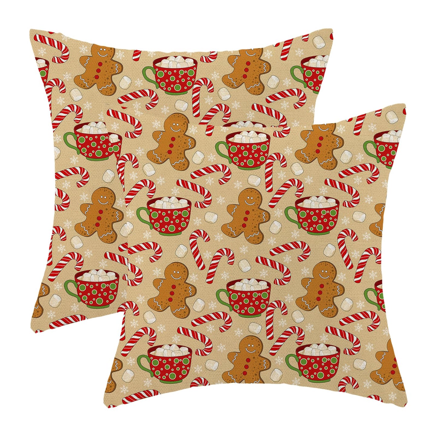 Christmas Pillow Covers 18 x 18 Inch Set of 2 Winter Brown Gingerbread Man Throw Pillows Outdoor Decorative Marshmallow Candy Xmas Pillowcases Linen Cushion Cases for Farmhouse Home Bed Sofa Couch