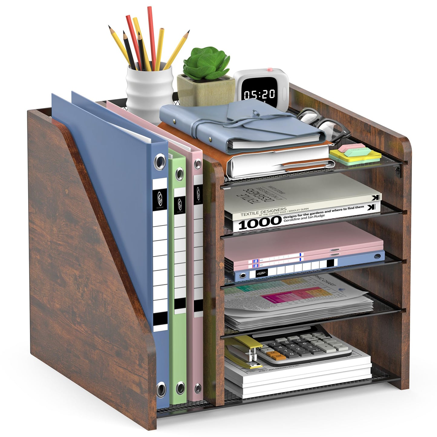 Desktop Storage with File Rack, 5-Layer Paper Letter Tray Storage, mesh Desktop Storage, and Storage Device with Office Supplies and Magazine Rack-Wood Grain