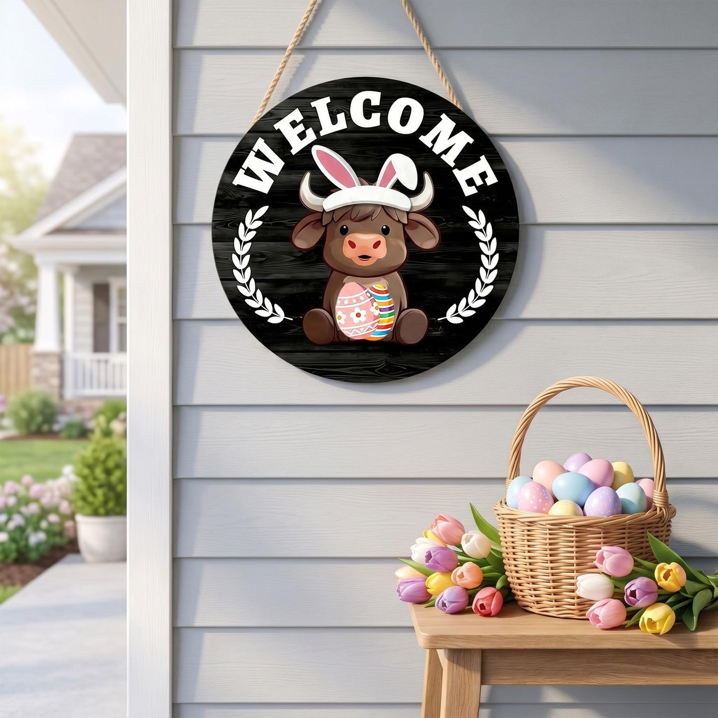 Yiranok Holiday Interchangeable Highland Cow Welcome Sign,Highland Cow Seasonal Wooden Hanging Door Decoration Front Door Decoration Gift Hanging Door Sign