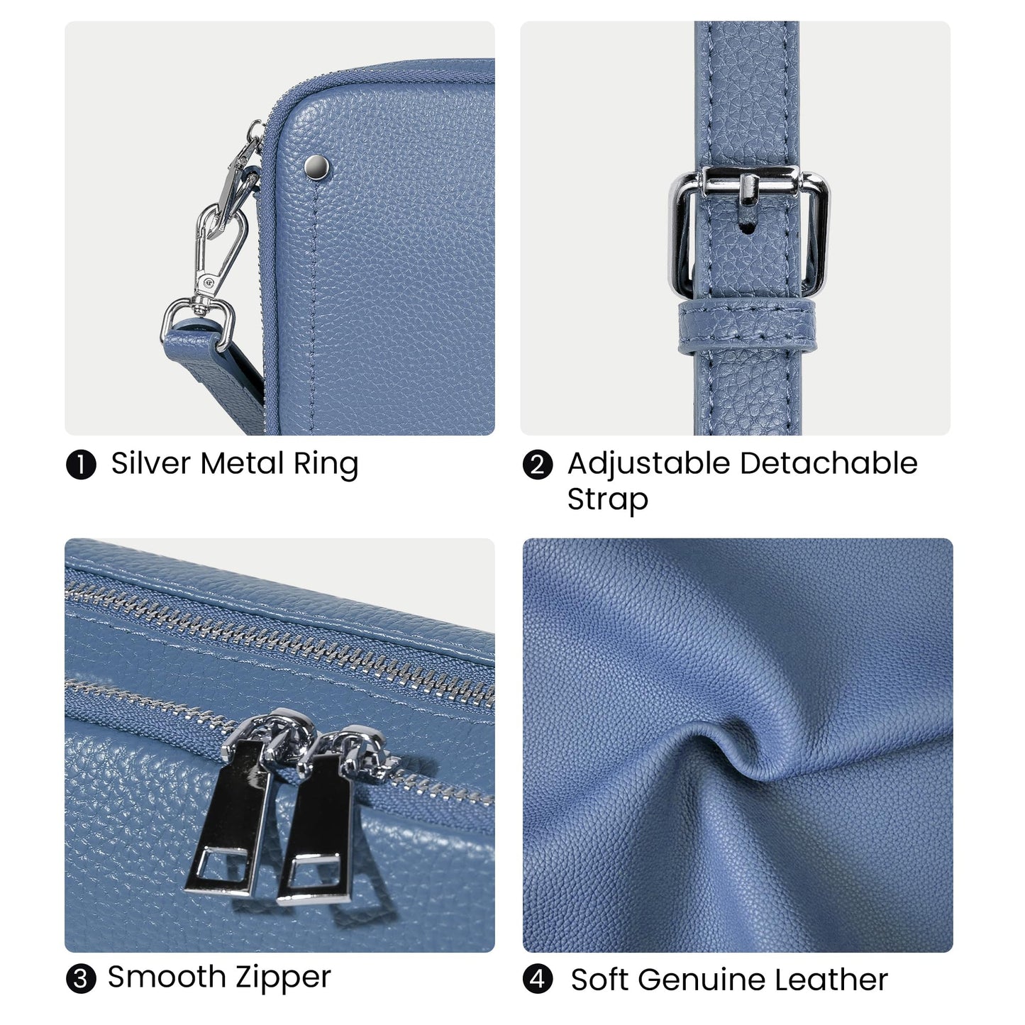 befen Genuine Leather Crossbody Bags for Women, Purses with Built in RFID Wallet Woman Camera Shoulder Bag Handbags Anti Theft Cross Over body Purses with Adjustable Strap, Grey Blue