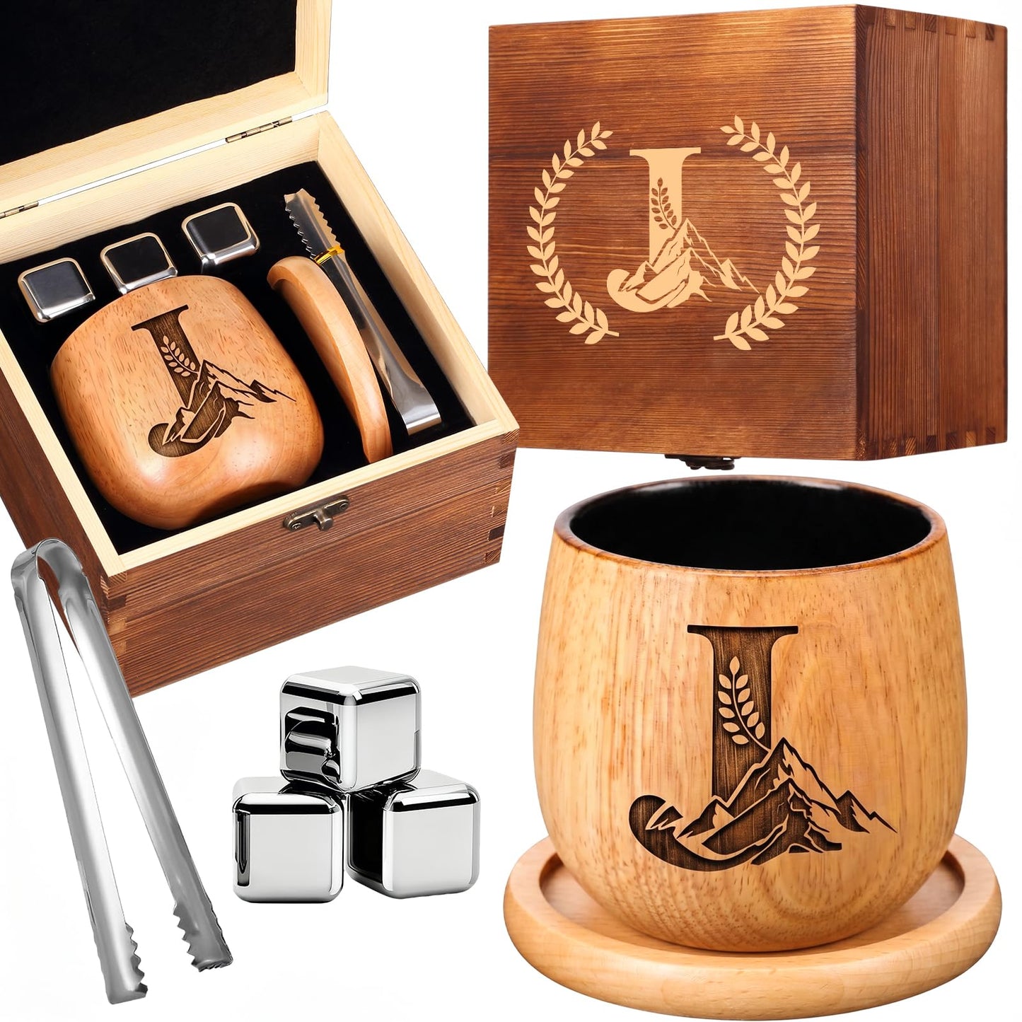 Personalized Gifts for Men, Charred Wooden Whiskey Glasses, Bourbon Old Fashioned Tumbler, Birthday Gifts for Men Dad Husband Brother Boyfriend, Unique Drinking Glass Gifts for Whiskey Lovers (J)
