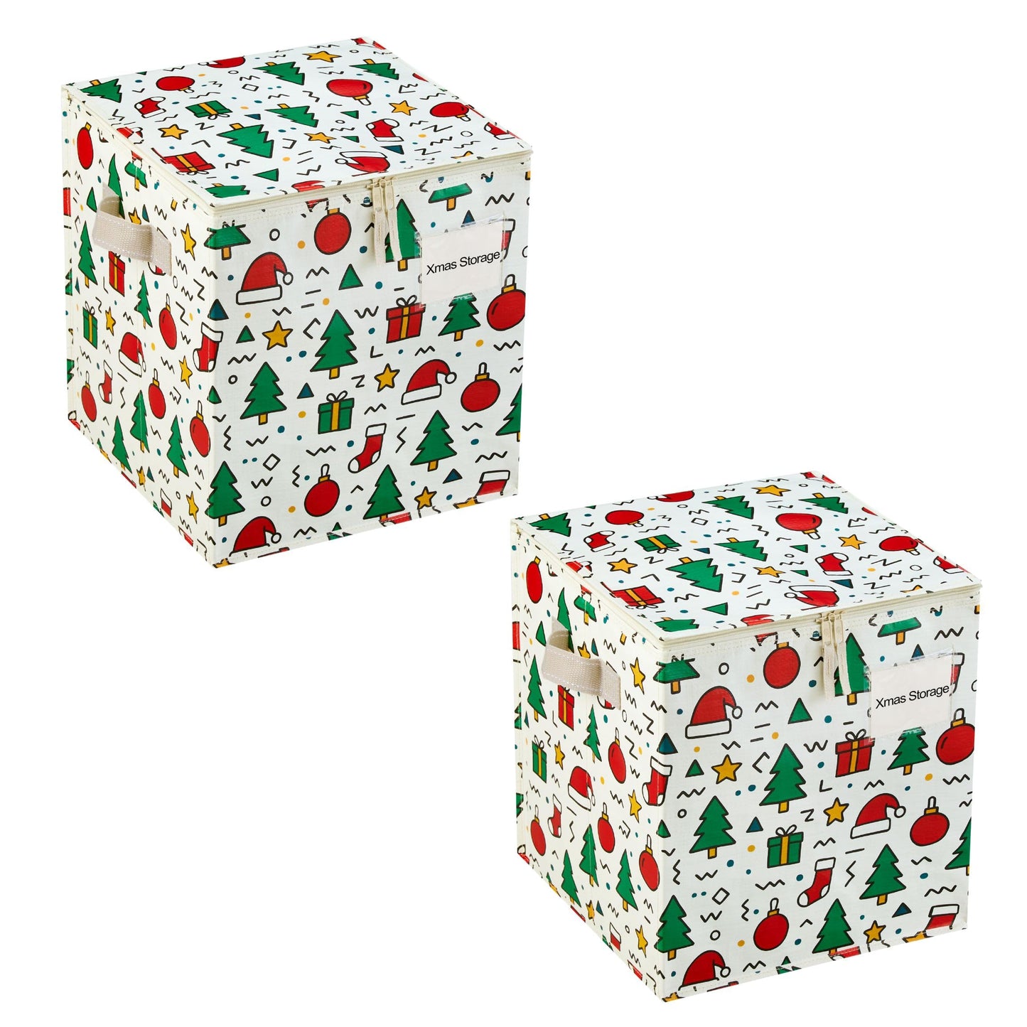 VENO 2 Pack Christmas Ornament Storage Box, Holiday Ornament Organizer with Adjustable Dividers, Sturdy Storage Containers for 64 Ornaments, Zippered Lid & Handles, 3" Cube (Jingle Mix)