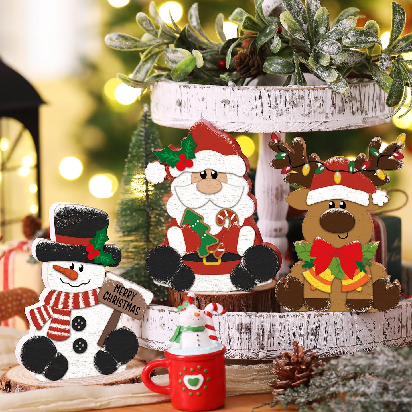 GlikCeil 3 Pcs Christmas Wooden Table Decorations Snowman Reindeer Santa Claus Centerpiece Block Holiday Wood Tiered Tray Tabletop Sign for Office Dining Room Mantle Home Party Supplies