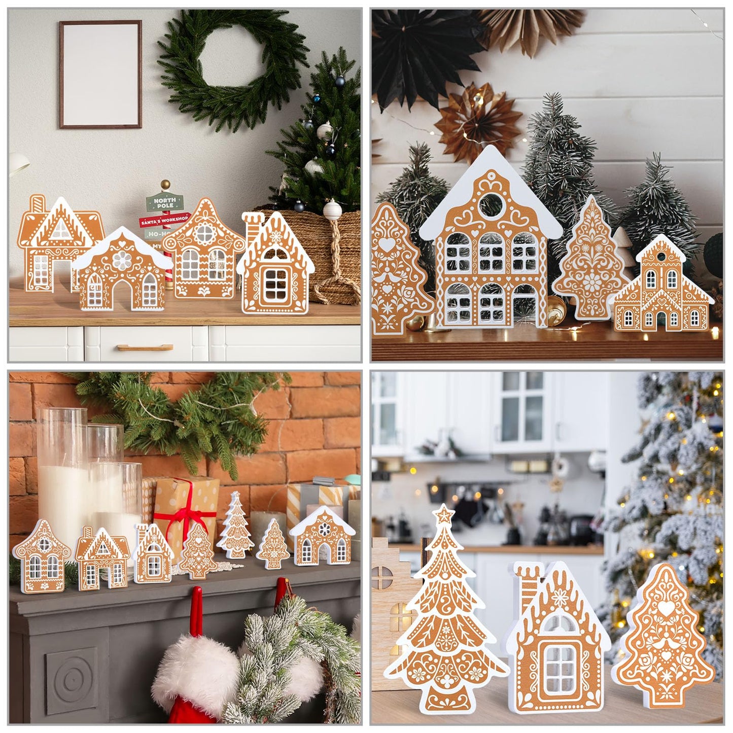 Faccito 9 Pcs Wood Gingerbread House Decor Sets Christmas Village Bulk Wooden Christmas Tree Centerpiece Winter Desk Shelf Ornament for Mantel Window Xmas Tabletop Farmhouse Indoor Decorations