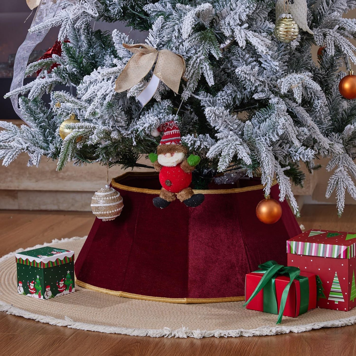 ONGLYP Christmas Tree Collar,25.5'' Velvet Christmas Tree Skirt Foldable Xmas Tree Stand Base Cover,Easy Set Up Tree Collar for Artificial Trees Holiday Home Decoration (Dark Red)