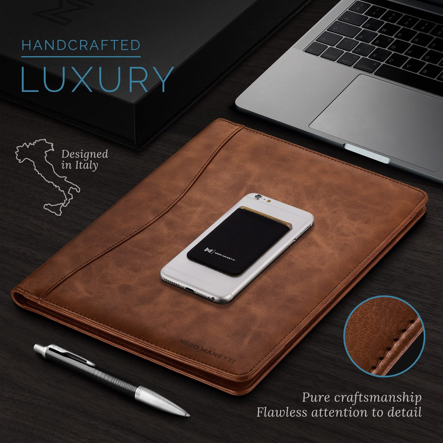 Nero Manetti - Leather Portfolio Folder - Business PU Leather Notepad Holder for Resumes, Legal Pad Executive Binder, Professional Padfolio Notebook for Women/Men (Brown)
