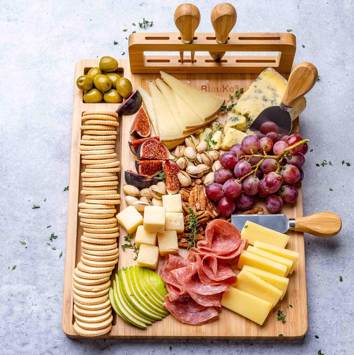 Bamboo Cheese Board and Knife Set 14x11 inch – Wood Cheese Cutting Board, Serving Tray Platter, Charcuterie Board Set with 4 Cheese Knives – BlauKe®