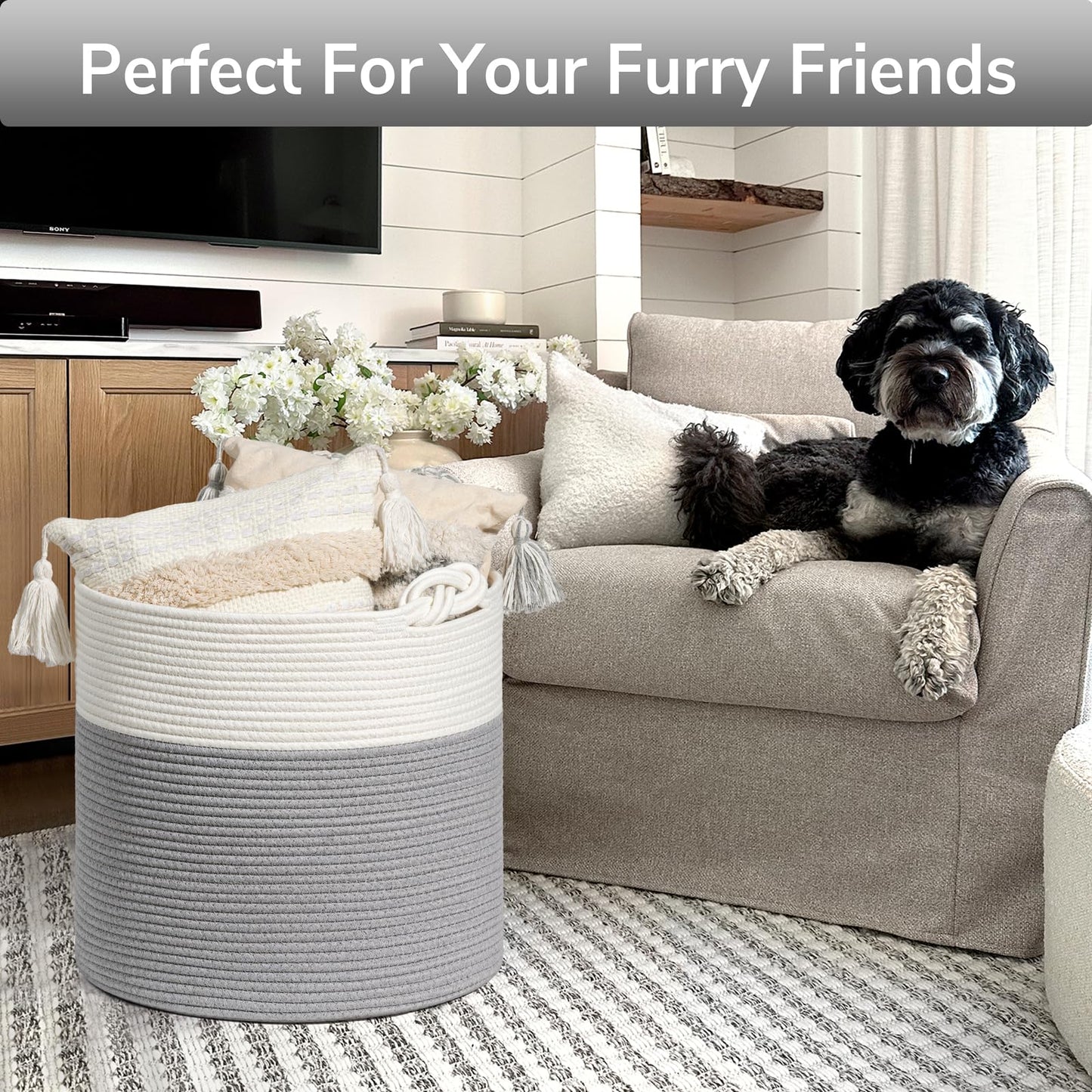 Goodpick Toy Basket for Kids, Woven Rope Blanket Basket for Living Room Nursery Baby Laundry Baskets for Organizing Clothes, Gray