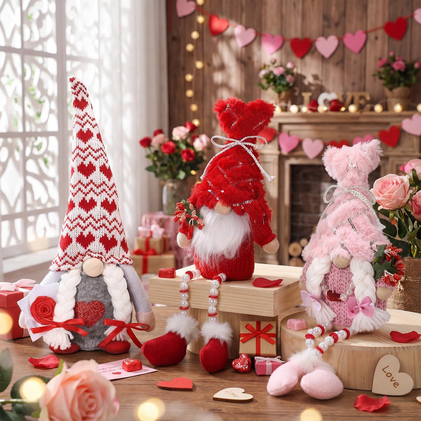 Sumind 3 Pcs Valentines Day Gnome Decorations Valentines Red Gnome Plush Gifts with Long Legs Pink Red Table Sitting Decorations Romantic Gift for Her Him Home Office Decoration