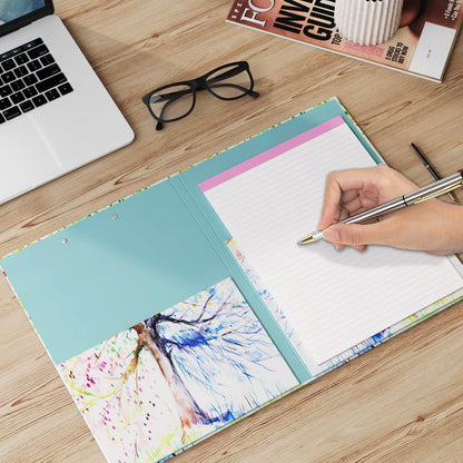 Cute Clipboard Folio with Refillable Lined Notepad and Interior Storage Pocket for Office Stylish A4 Foldable Clipfolio - Tree Seasons