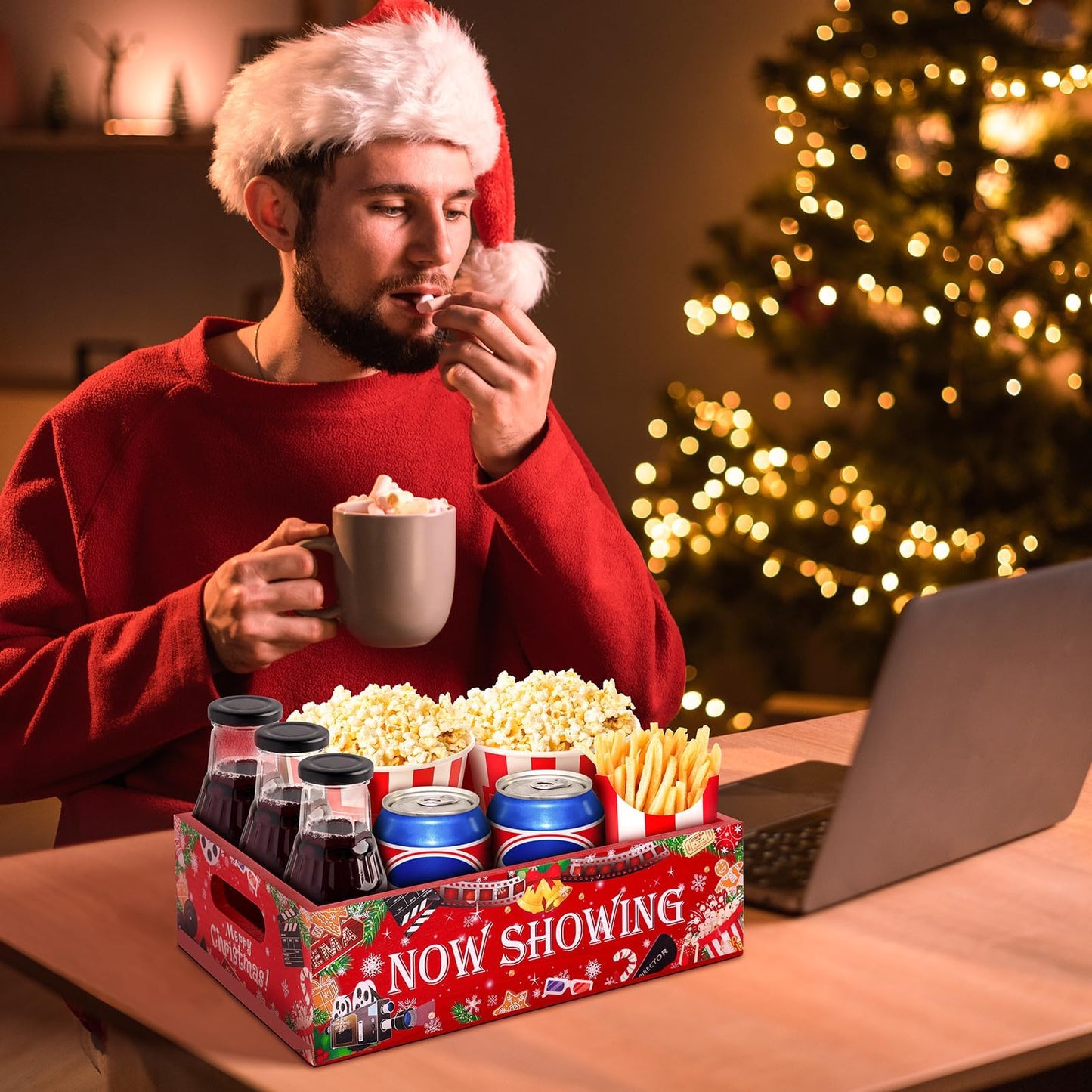 Christmas Movie Night Snack Tray Wooden Movie Snack Tray Movie Night Party Supplies for Countertop Storage Trays Popcorn Nacho Theater Snack for Christmas Home Kitchen Chips Candy Food Supplies