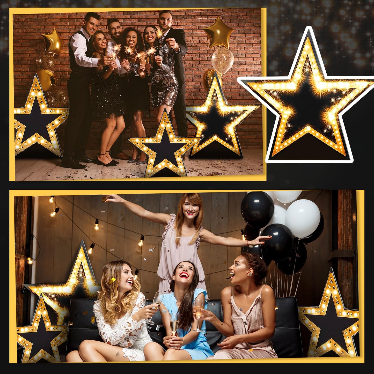 Leinuosen 3 Pcs 25.8"-31.5" Star Starry Night Movie Night Party Decorations Under The Stars Cardboard Cutout Stand-up Prom Award Homecoming Wedding Birthday Party Photo Prop Backdrop Decor