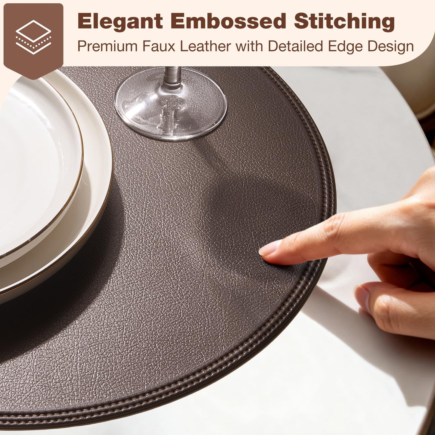 Rinpon Round Vinyl Brown Placemats Set of 6, Faux Leather Waterproof Wipeable Heat Resistant Place Mats, Washable Table Mats for Halloween, Thanksgiving & Christmas Dinner(Dark Brown)