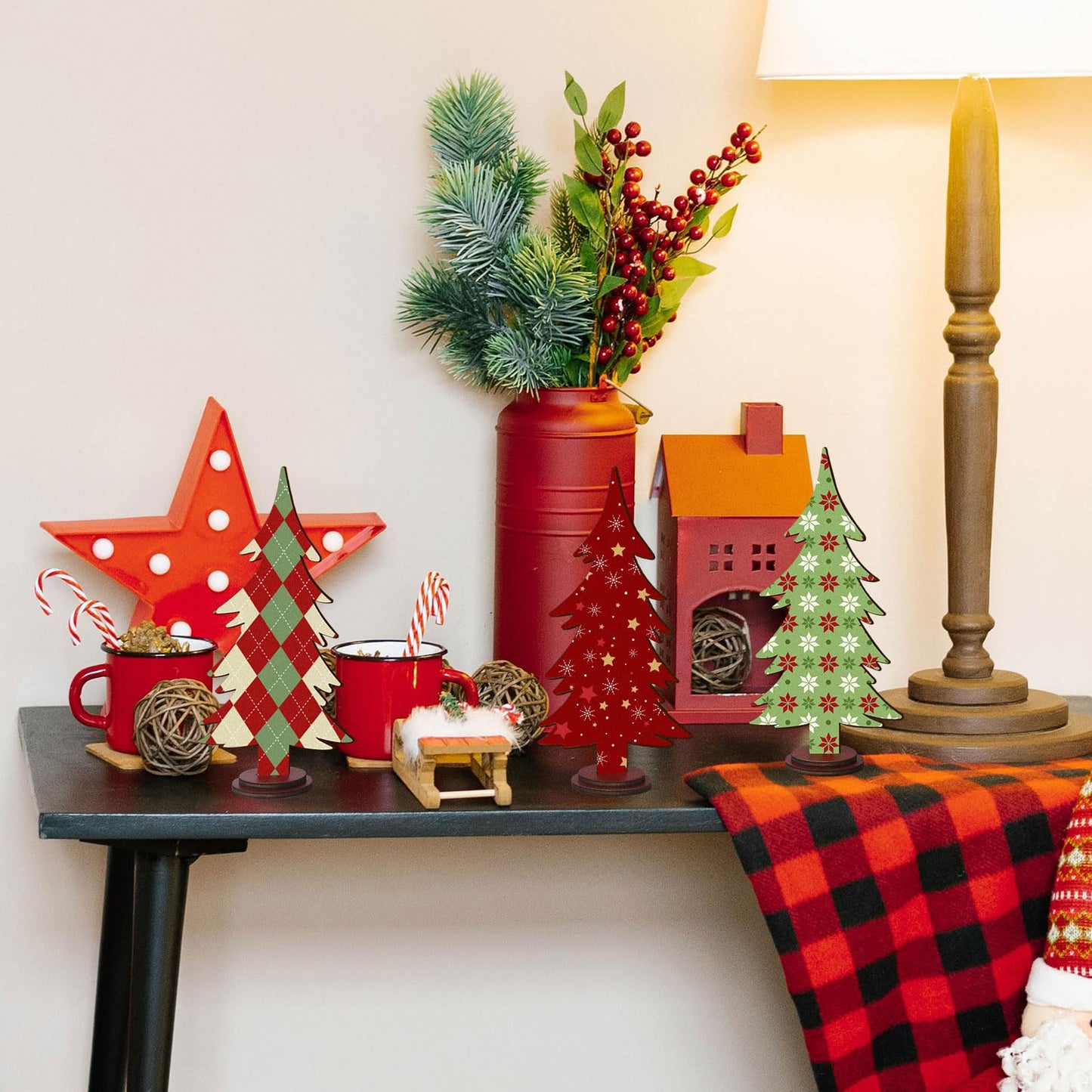 Pigort Christmas Decorations – Rustic Wooden Christmas Tree Table Decor, Freestanding Xmas Centerpiece for Home & Shelf, Winter Tiered Tray Decorative (3)