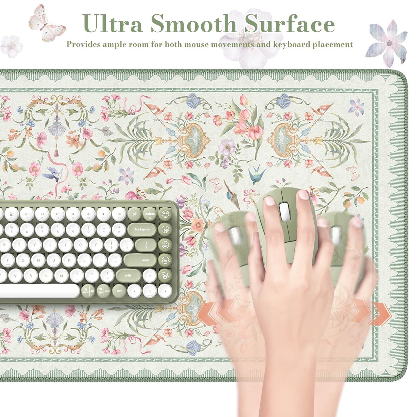 HAOCOO Floral Mouse Pad, 35.4" x 15.7" Waterproof Makeup Mat, Cute Aesthetic Desk Decor Pad, Women Office Keyboard Matt with Stitched Edges, Green Desk Accessories Work for Home