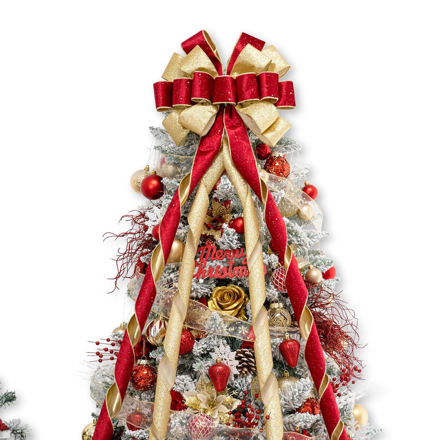 Hismir Christmas Tree Topper Bow，53x13 Inches Large Christmas Bow with Glitter Streamer，Decorative Bows for Xmas Tree Wreath Door Festival Home Decor(Red Gold)