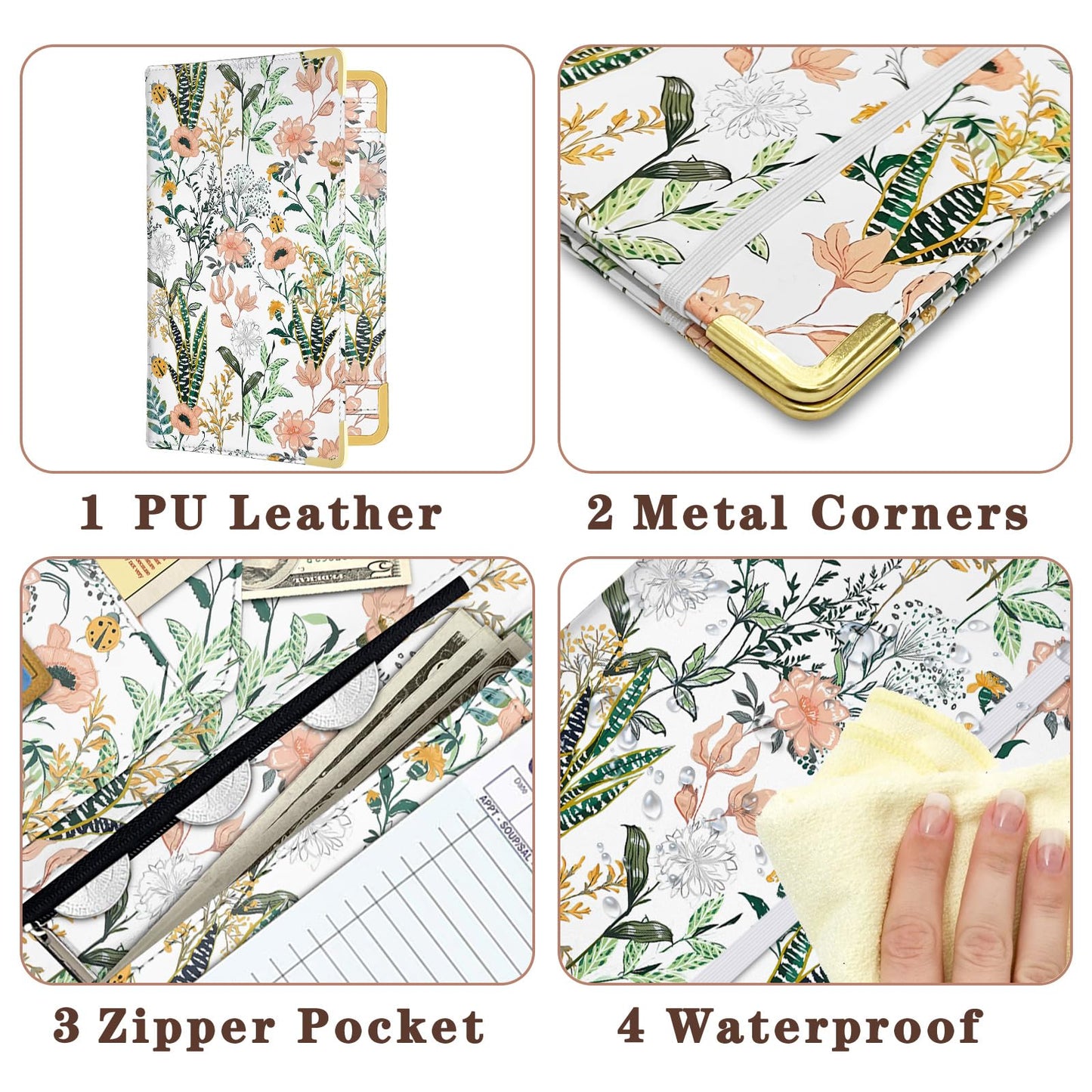 YeeCASE 2Pack Flower Server Book for Waitress with Money Pocket and Zipper Pouch, Fits Waitress Apron, Waitress Accessories, Receipt Holder with High Volume Pocket (Flower-Grass)