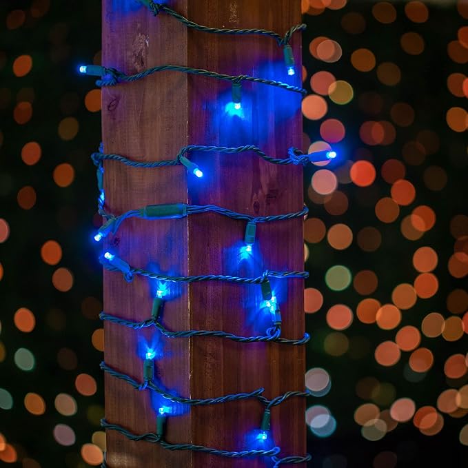 Novelty Lights 12-Pack, 50 Feet 100 LED Blue Christmas Mini Light String on Green Wire, 5mm Wide Angle Bulbs, Connectable, Indoor/Outdoor Decor, UL Listed